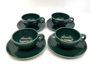 Vintage Russel Wright Iroquois Casual China Set of 4 Teal Green Cups & Saucers